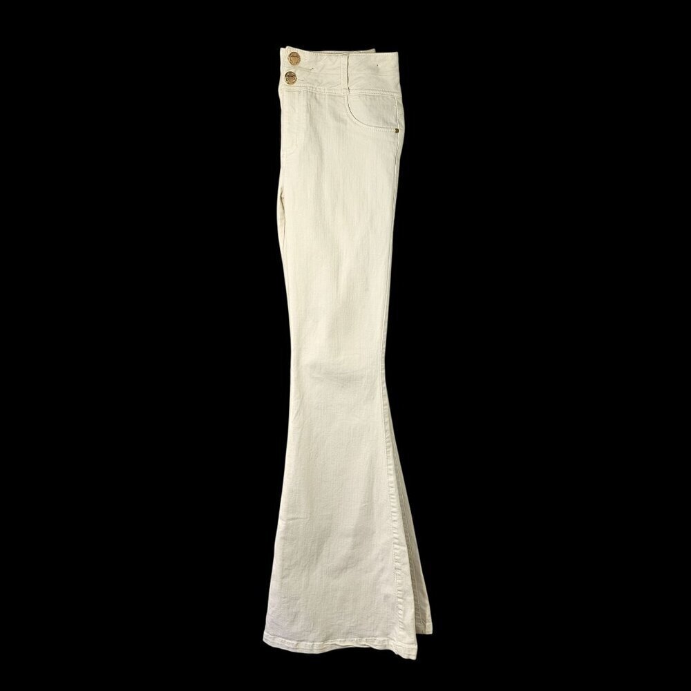 Studio F White Denim Flared Jeans Womens Sz 8 Retro 70s Bell Bottoms Mid-Rise